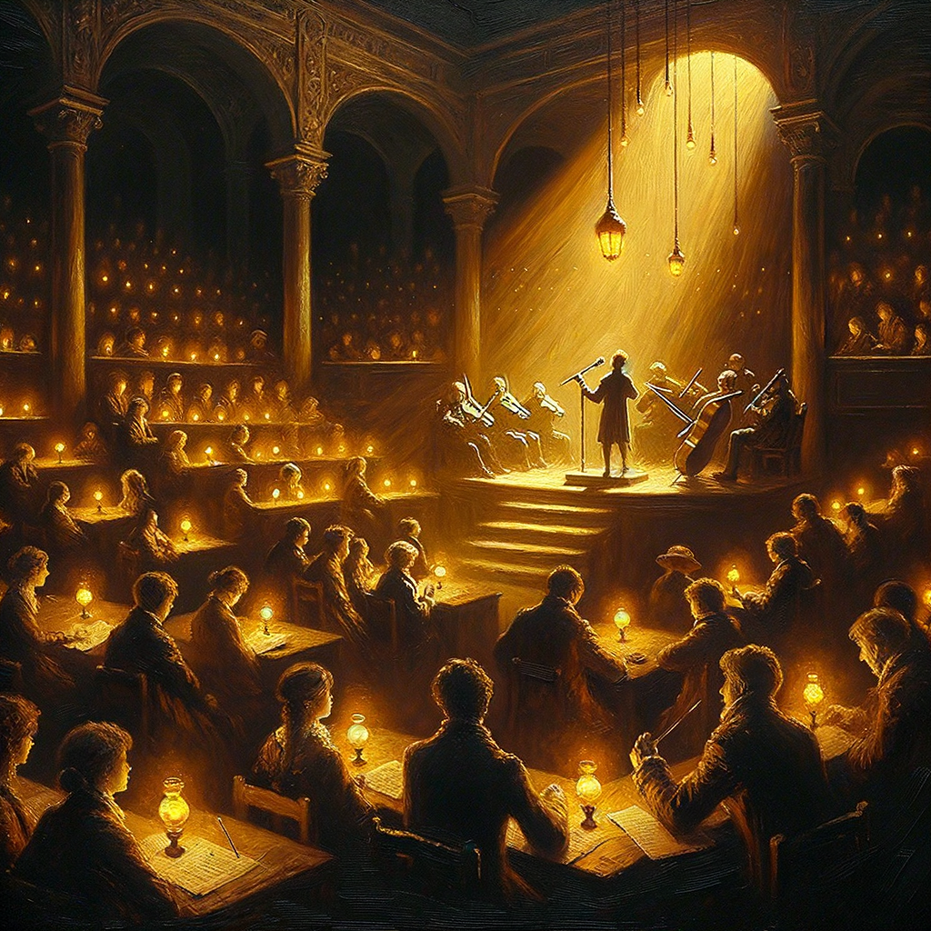 A musician whose music synchronizes the luminous auras of the audience into one color