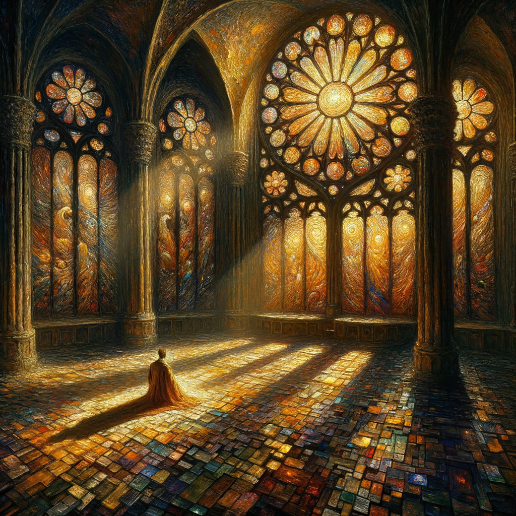 A rose window whole above, shattered into glowing fragments below — the cost of decomposition