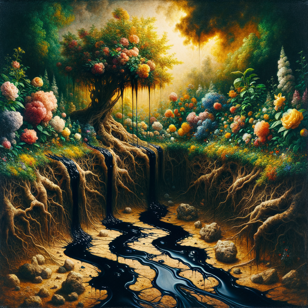 A garden with dark oil contaminating roots while flowers still appear healthy above