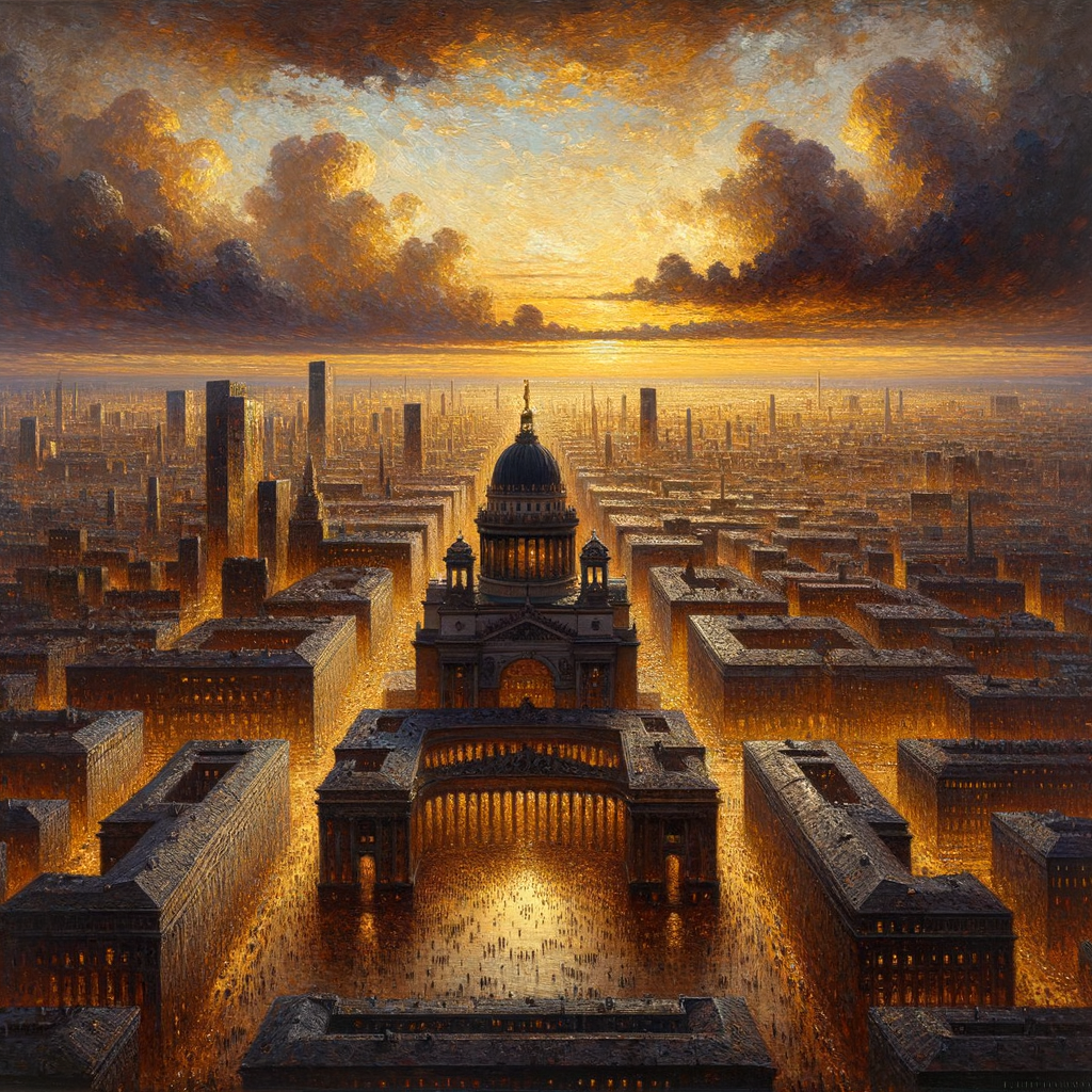 A cityscape whose negative space forms a vast purposeful face no inhabitant can see